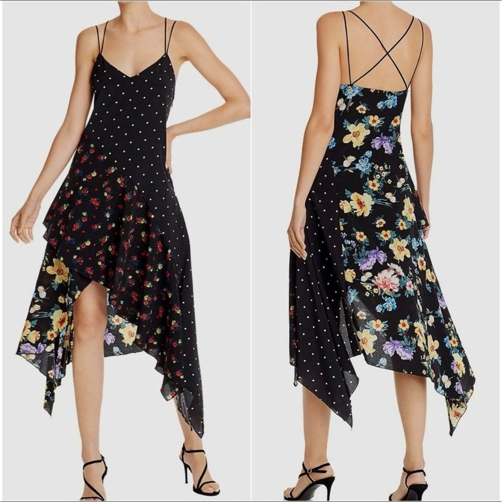 AQUA Mixed Print Floral Polka Dot Handkerchief Hem Midi Dress Black Small